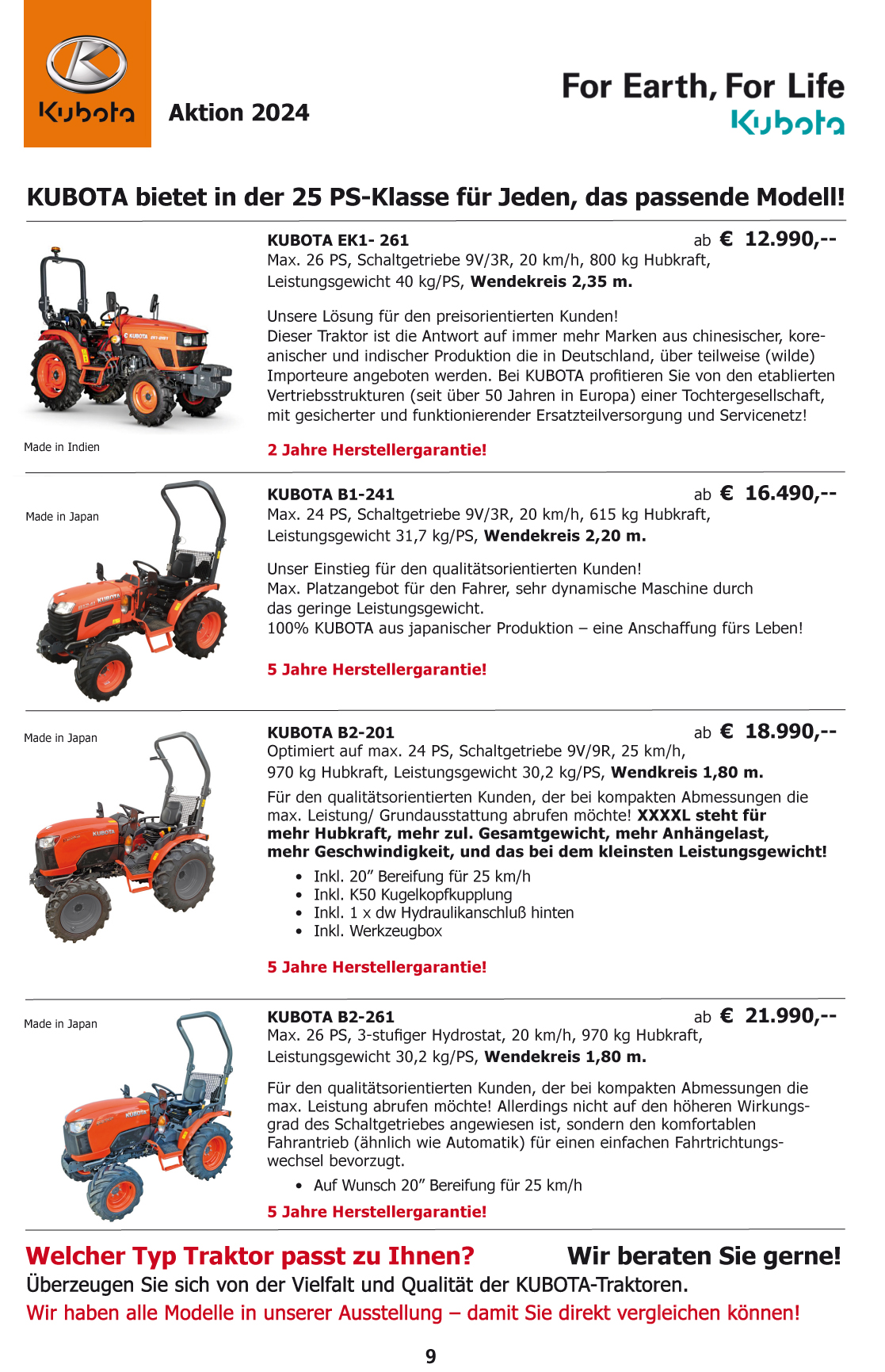 Aktion 2024, KUBOTA   Mähtechnik und  Allrad- Traktoren ab € 6590,- 